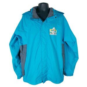 Super Bowl 50 Teal Blue Hooded Jacket Large With Logo Football Windbreaker